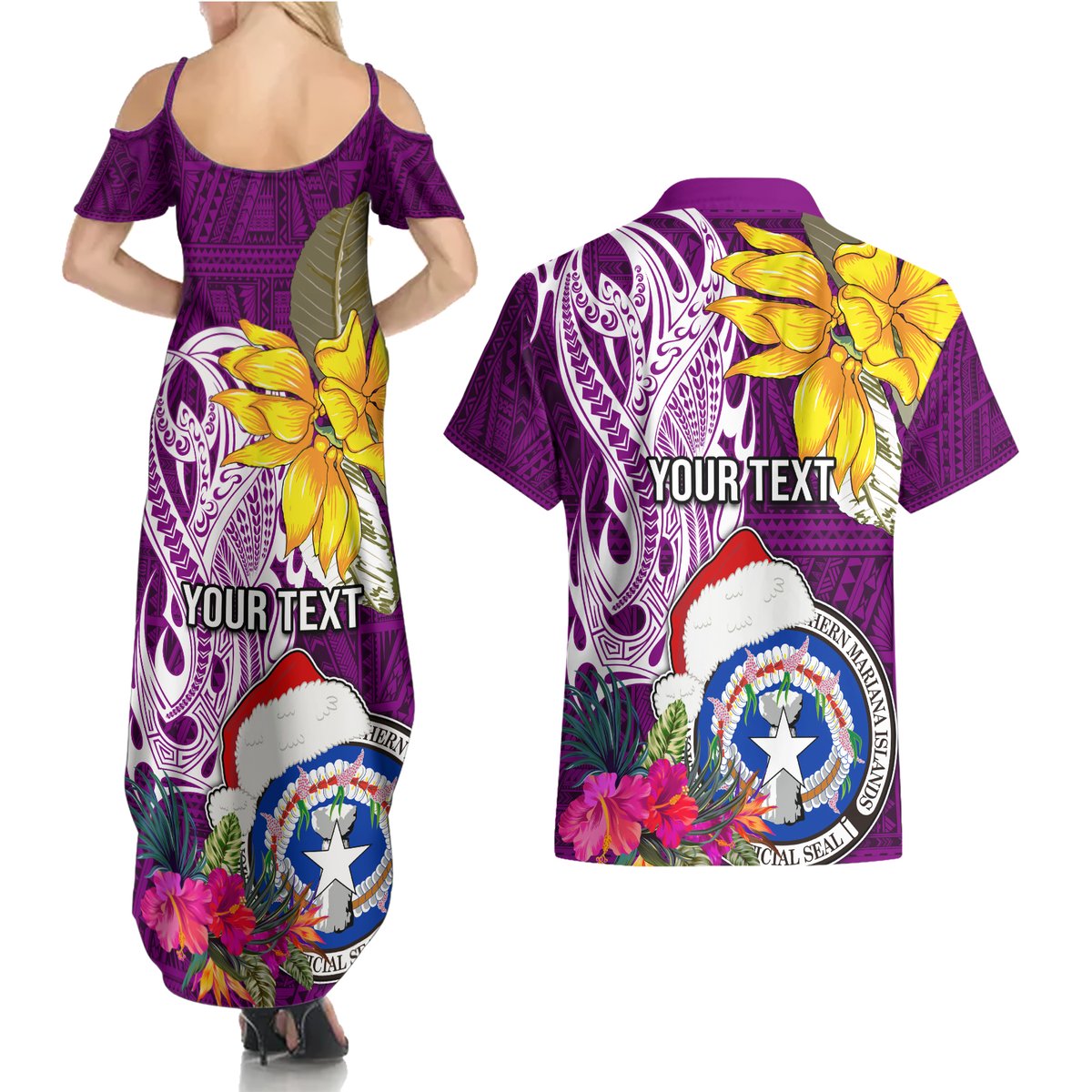 Custom Northern Mariana Islands Christmas Couples Matching Summer Maxi Dress and Hawaiian Shirt Funny Santa Hug Latte Stone Ylang-ylang and Polynesia Pattern Pink LT03 - Polynesian Pride