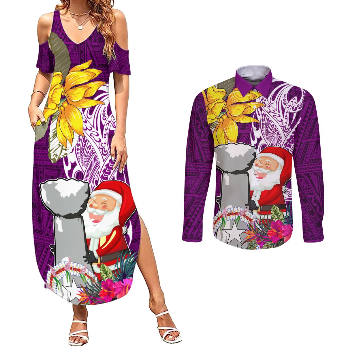 Custom Northern Mariana Islands Christmas Couples Matching Summer Maxi Dress and Long Sleeve Button Shirt Funny Santa Hug Latte Stone Ylang-ylang and Polynesia Pattern Pink LT03 Pink - Polynesian Pride