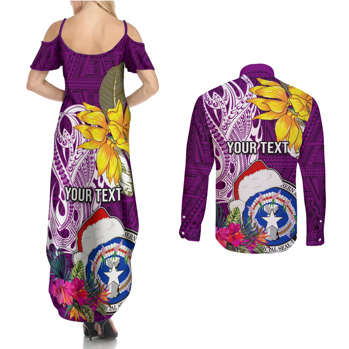 Custom Northern Mariana Islands Christmas Couples Matching Summer Maxi Dress and Long Sleeve Button Shirt Funny Santa Hug Latte Stone Ylang-ylang and Polynesia Pattern Pink LT03 - Polynesian Pride