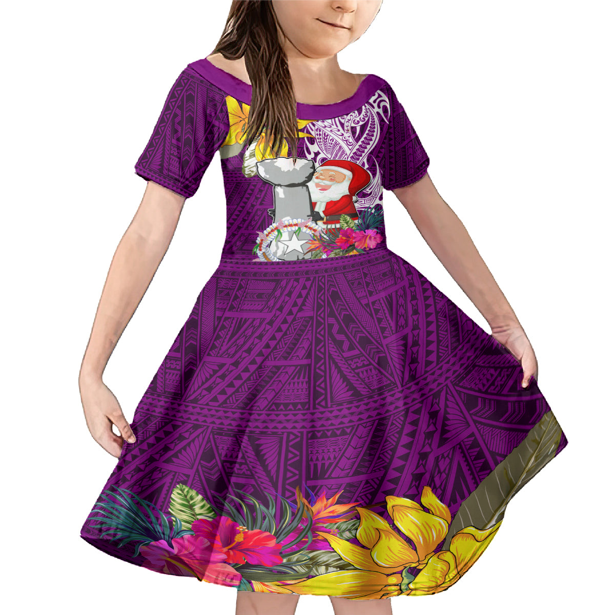 Custom Northern Mariana Islands Christmas Family Matching Mermaid Dress and Hawaiian Shirt Funny Santa Hug Latte Stone Ylang-ylang and Polynesia Pattern Pink LT03 Daughter's Dress Pink - Polynesian Pride