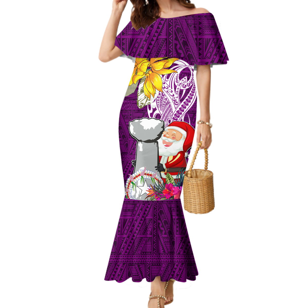 Custom Northern Mariana Islands Christmas Family Matching Mermaid Dress and Hawaiian Shirt Funny Santa Hug Latte Stone Ylang-ylang and Polynesia Pattern Pink LT03 Mom's Dress Pink - Polynesian Pride