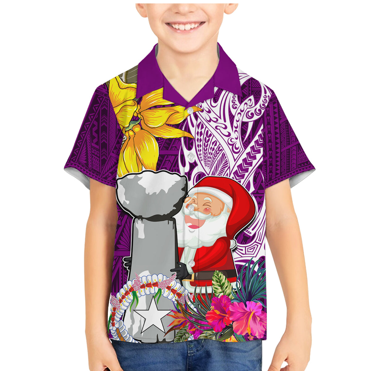 Custom Northern Mariana Islands Christmas Family Matching Mermaid Dress and Hawaiian Shirt Funny Santa Hug Latte Stone Ylang-ylang and Polynesia Pattern Pink LT03 Son's Shirt Pink - Polynesian Pride