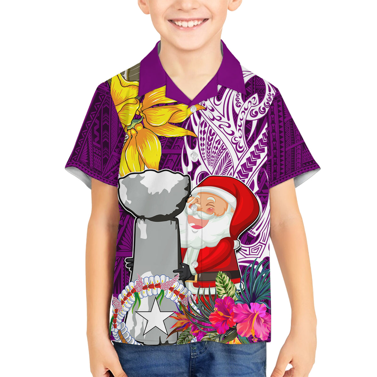 Custom Northern Mariana Islands Christmas Family Matching Off Shoulder Long Sleeve Dress and Hawaiian Shirt Funny Santa Hug Latte Stone Ylang-ylang and Polynesia Pattern Pink LT03 Son's Shirt Pink - Polynesian Pride