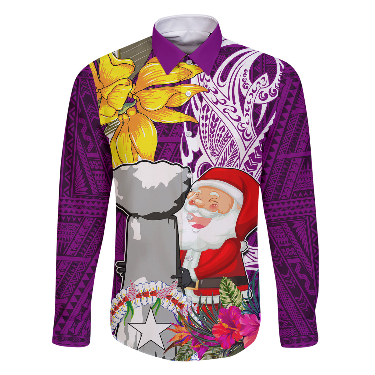 Custom Northern Mariana Islands Christmas Family Matching Off Shoulder Short Dress and Hawaiian Shirt Funny Santa Hug Latte Stone Ylang-ylang and Polynesia Pattern Pink LT03 Dad's Shirt - Long Sleeve Pink - Polynesian Pride