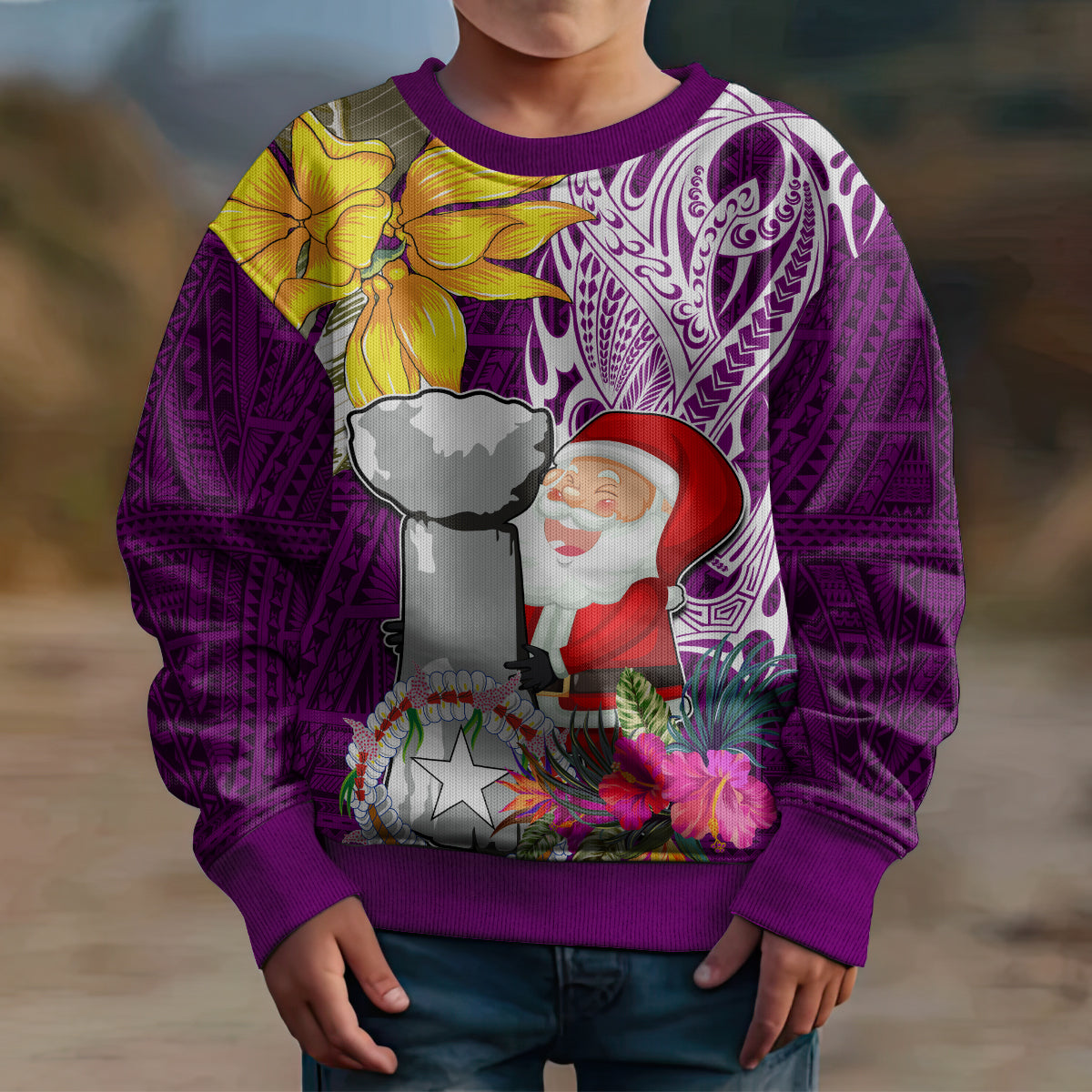 Custom Northern Mariana Islands Christmas Kid Ugly Christmas Sweater Funny Santa Hug Latte Stone Ylang-ylang and Polynesia Pattern Pink LT03 - Polynesian Pride