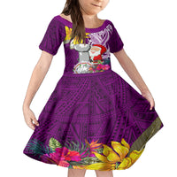 Custom Northern Mariana Islands Christmas Kid Short Sleeve Dress Funny Santa Hug Latte Stone Ylang-ylang and Polynesia Pattern Pink LT03 KID Pink - Polynesian Pride