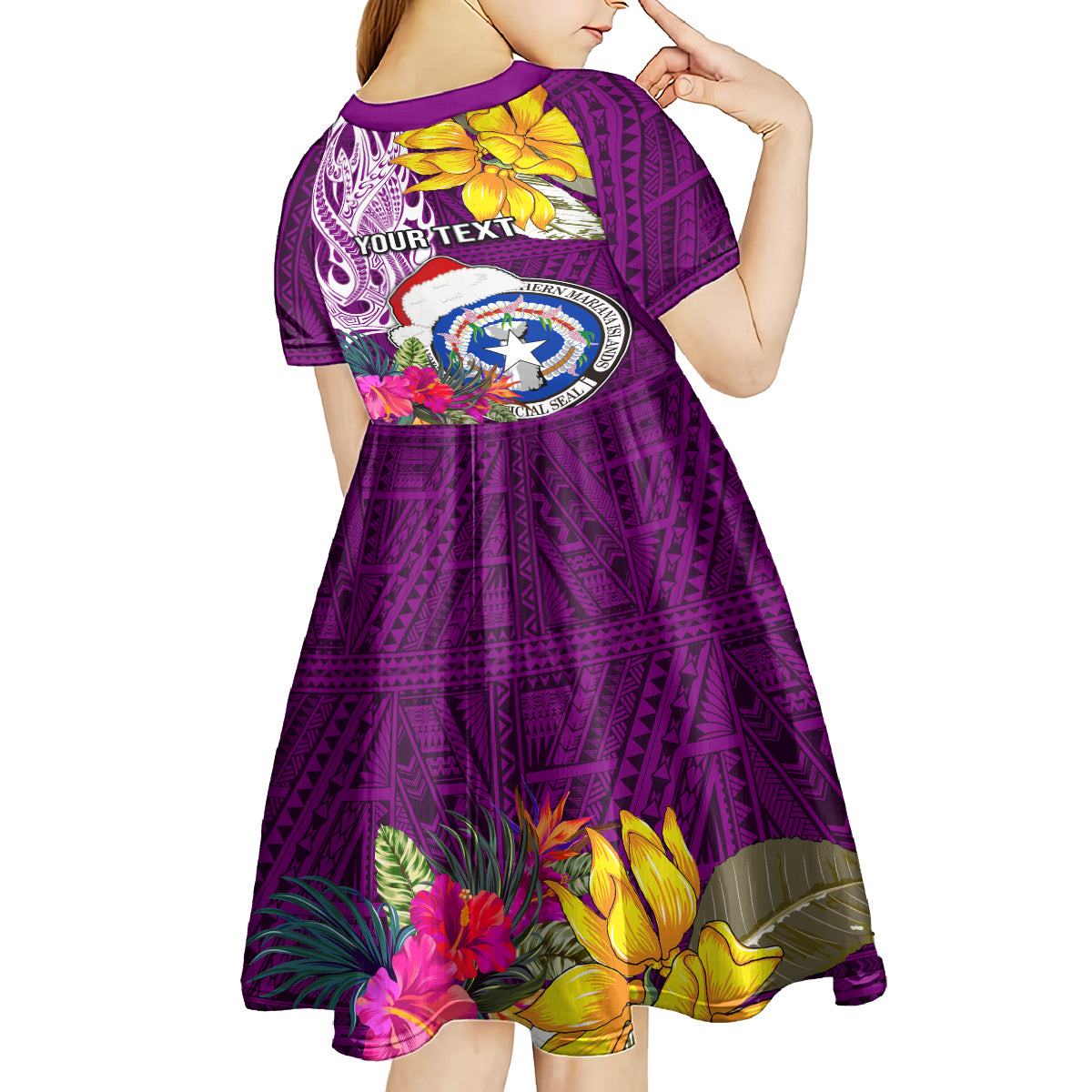 Custom Northern Mariana Islands Christmas Kid Short Sleeve Dress Funny Santa Hug Latte Stone Ylang-ylang and Polynesia Pattern Pink LT03 - Polynesian Pride
