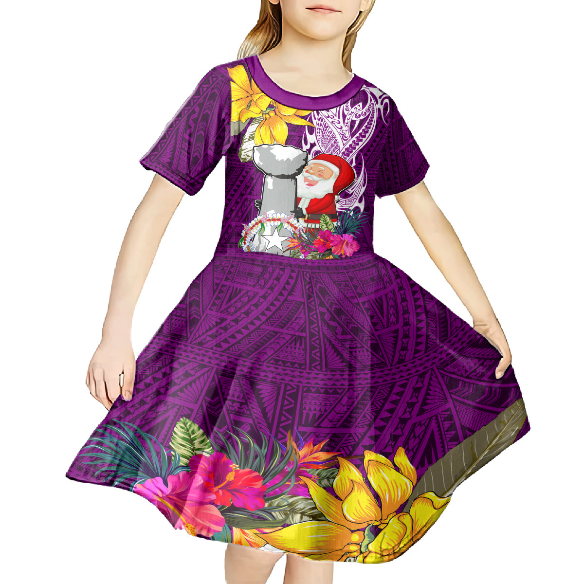 Custom Northern Mariana Islands Christmas Kid Short Sleeve Dress Funny Santa Hug Latte Stone Ylang-ylang and Polynesia Pattern Pink LT03 - Polynesian Pride