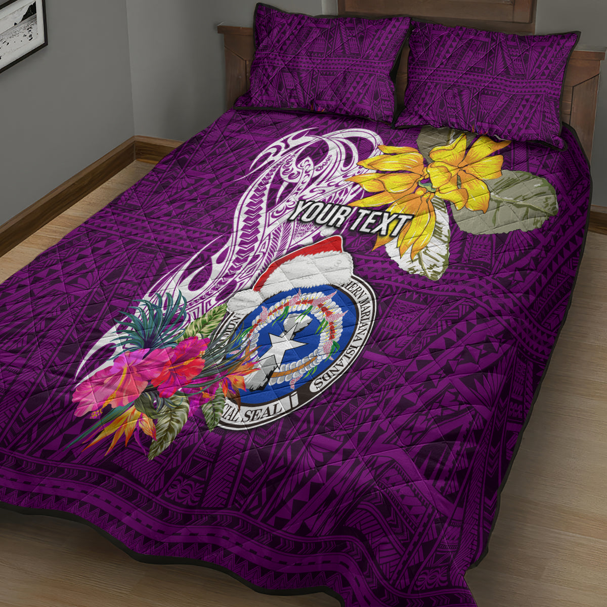 Custom Northern Mariana Islands Christmas Quilt Bed Set Funny Santa Hug Latte Stone Ylang-ylang and Polynesia Pattern Pink LT03 - Polynesian Pride