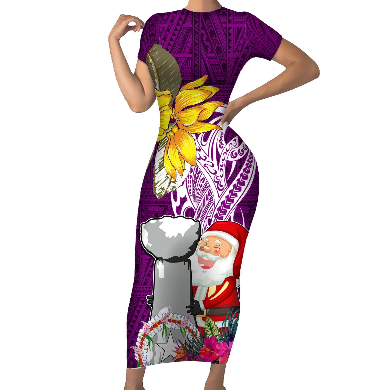 Custom Northern Mariana Islands Christmas Short Sleeve Bodycon Dress Funny Santa Hug Latte Stone Ylang-ylang and Polynesia Pattern Pink LT03 Long Dress Pink - Polynesian Pride