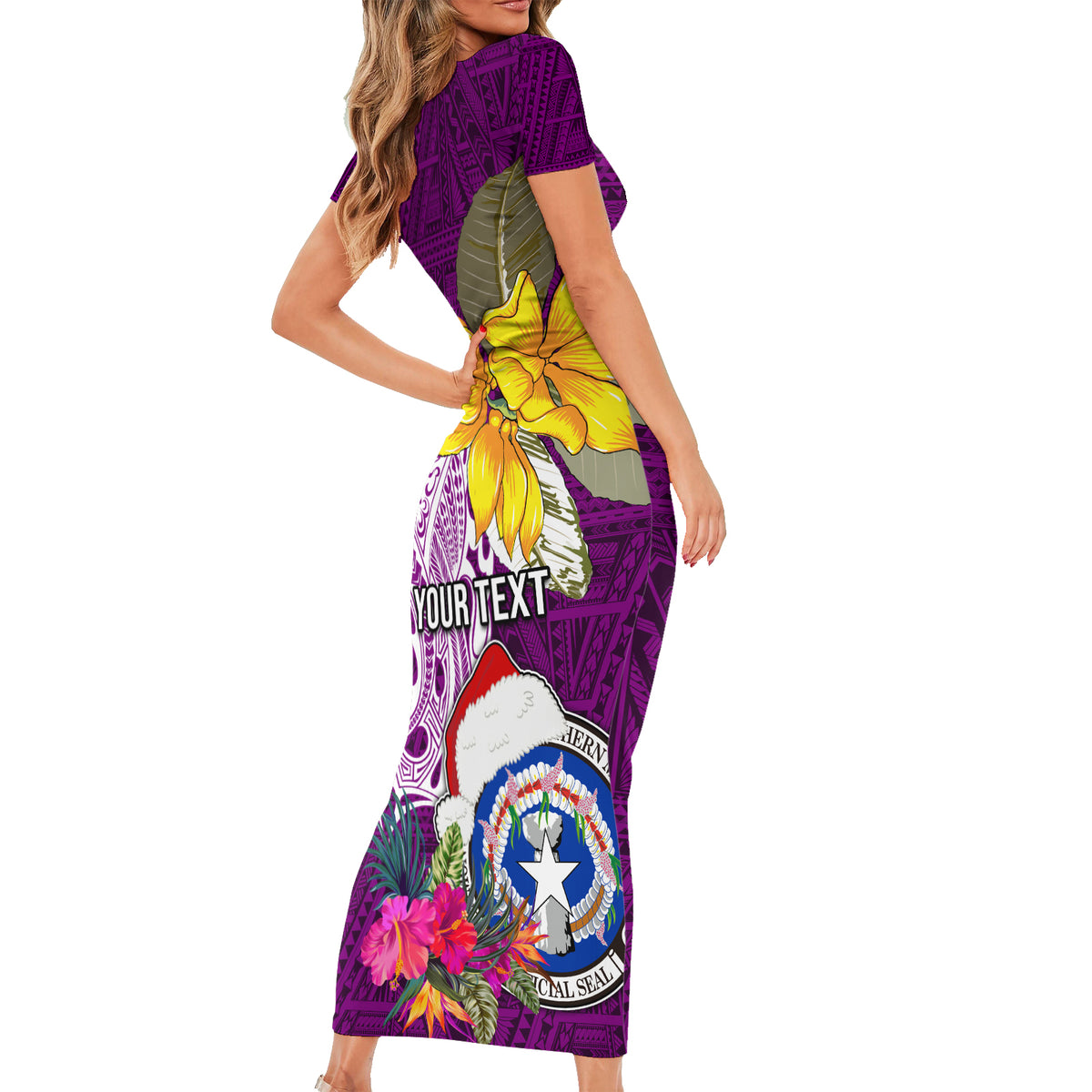 Custom Northern Mariana Islands Christmas Short Sleeve Bodycon Dress Funny Santa Hug Latte Stone Ylang-ylang and Polynesia Pattern Pink LT03 - Polynesian Pride