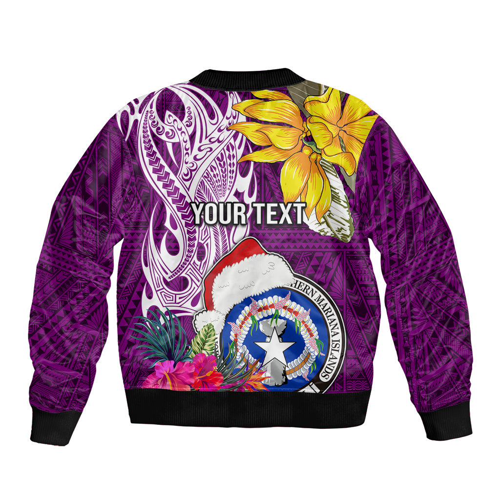 Custom Northern Mariana Islands Christmas Sleeve Zip Bomber Jacket Funny Santa Hug Latte Stone Ylang-ylang and Polynesia Pattern Pink LT03 - Polynesian Pride