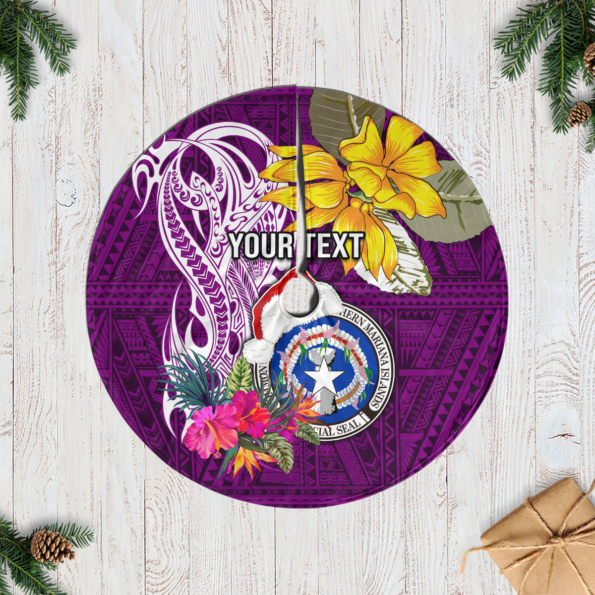 Custom Northern Mariana Islands Christmas Tree Skirt Funny Santa Hug Latte Stone Ylang-ylang and Polynesia Pattern Pink LT03 Pink - Polynesian Pride