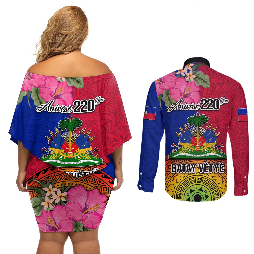 Haiti Battle of Vertieres Couples Matching Off Shoulder Short Dress and Long Sleeve Button Shirt The Haitian Revolution 220th Anniversary Polynesian Style LT03 - Polynesian Pride