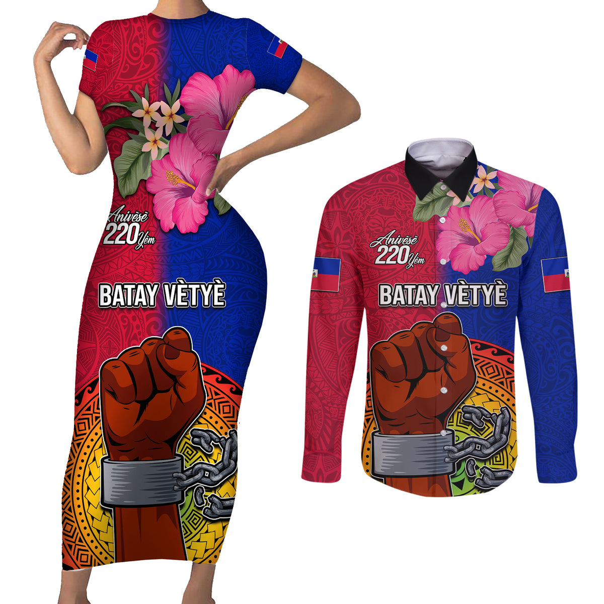 Haiti Battle of Vertieres Couples Matching Short Sleeve Bodycon Dress and Long Sleeve Button Shirt The Haitian Revolution 220th Anniversary Polynesian Style LT03 Red - Polynesian Pride