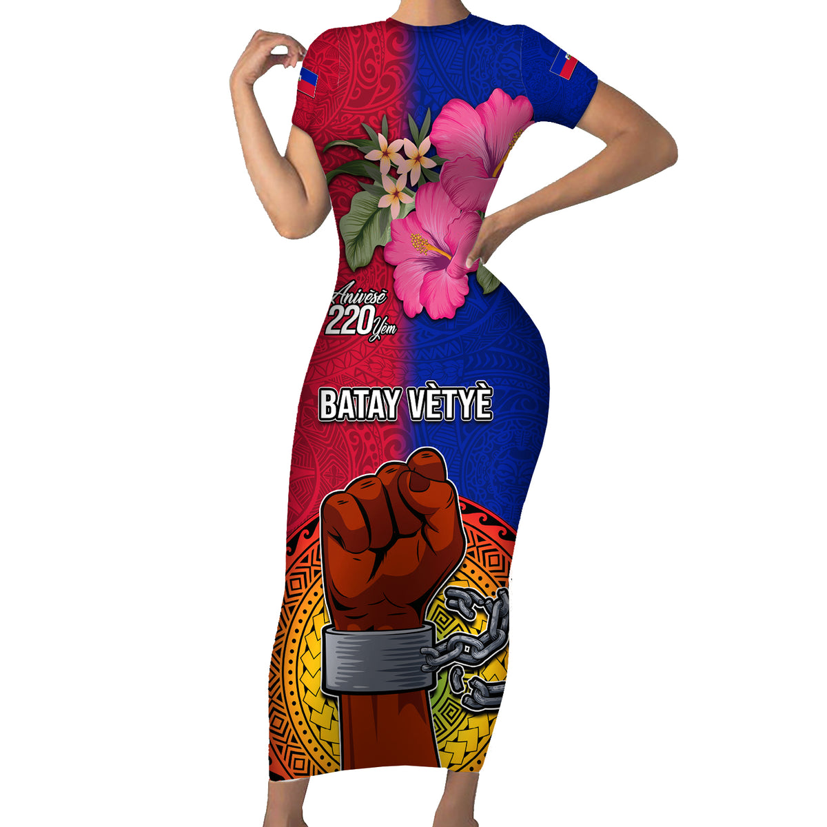 Haiti Battle of Vertieres Short Sleeve Bodycon Dress The Haitian Revolution 220th Anniversary Polynesian Style LT03 Long Dress Red - Polynesian Pride
