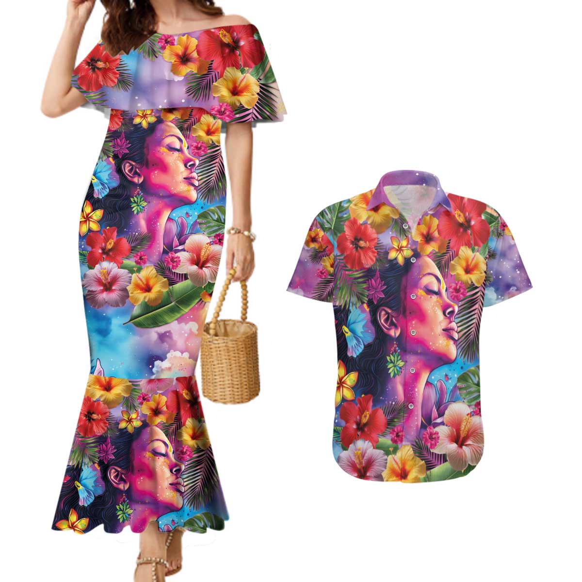 Polynesian Women Couples Matching Mermaid Dress and Hawaiian Shirt Tropical Plant - Vibrant Surreal Dreamscape Vibe LT03 Pink-Purple - Polynesian Pride