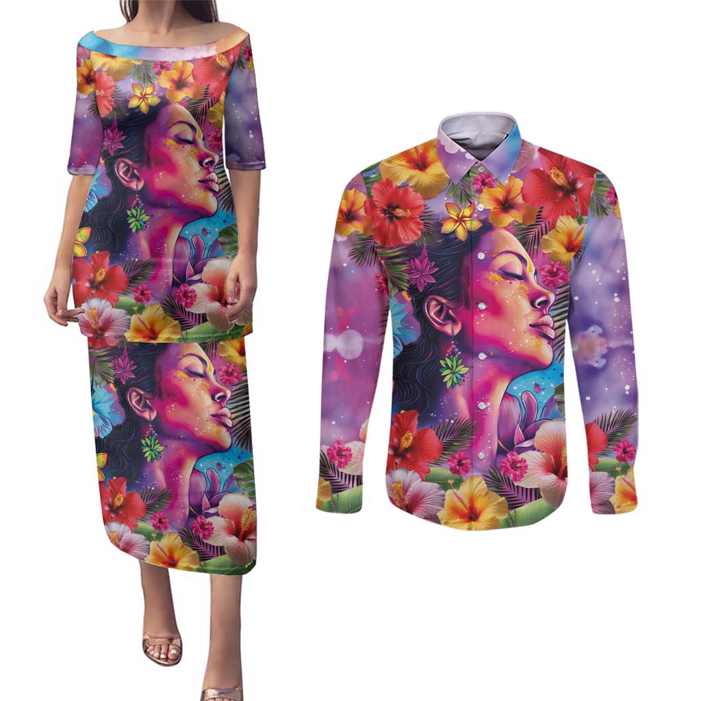 Polynesian Women Couples Matching Puletasi and Long Sleeve Button Shirt Tropical Plant - Vibrant Surreal Dreamscape Vibe