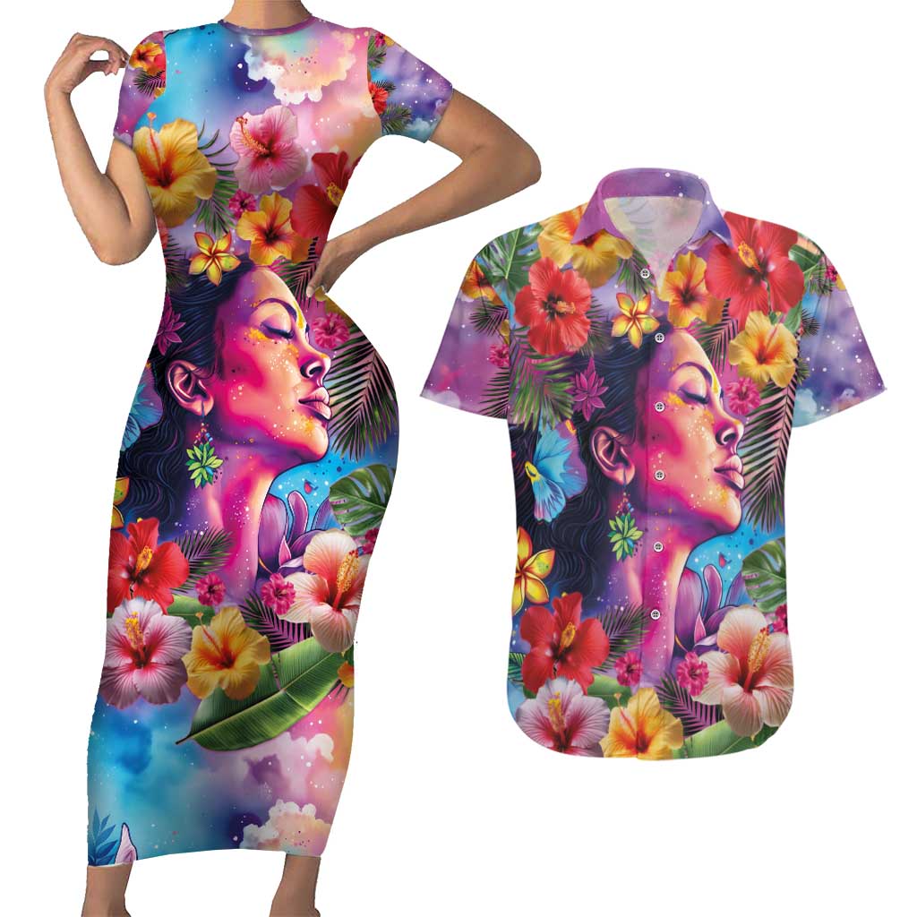 Polynesian Women Couples Matching Short Sleeve Bodycon Dress and Hawaiian Shirt Tropical Plant - Vibrant Surreal Dreamscape Vibe LT03 Pink-Purple - Polynesian Pride