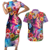 Polynesian Women Couples Matching Short Sleeve Bodycon Dress and Hawaiian Shirt Tropical Plant - Vibrant Surreal Dreamscape Vibe LT03 Pink-Purple - Polynesian Pride