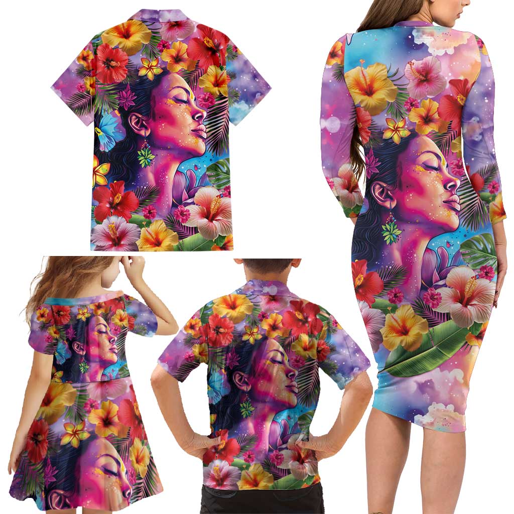 Polynesian Women Family Matching Long Sleeve Bodycon Dress and Hawaiian Shirt Tropical Plant - Vibrant Surreal Dreamscape Vibe LT03 - Polynesian Pride