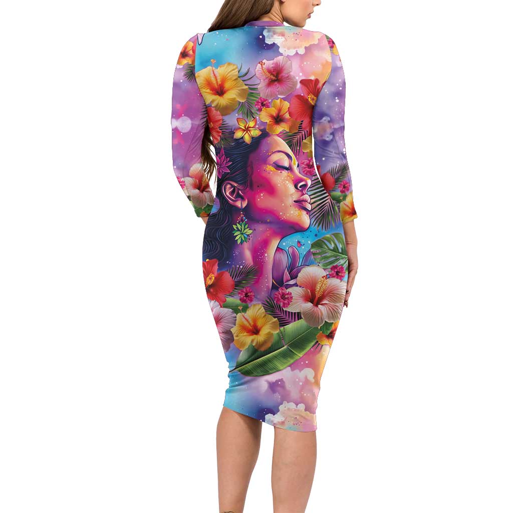 Polynesian Women Family Matching Long Sleeve Bodycon Dress and Hawaiian Shirt Tropical Plant - Vibrant Surreal Dreamscape Vibe LT03 - Polynesian Pride
