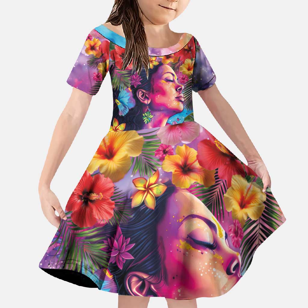 Polynesian Women Family Matching Mermaid Dress and Hawaiian Shirt Tropical Plant - Vibrant Surreal Dreamscape Vibe LT03 Daughter's Dress Pink-Purple - Polynesian Pride