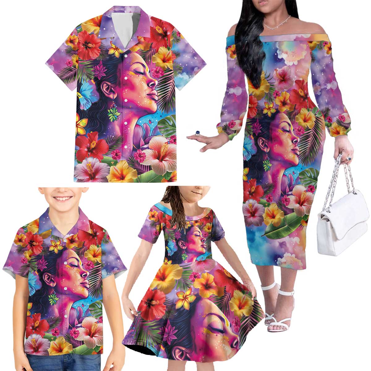Polynesian Women Family Matching Off The Shoulder Long Sleeve Dress and Hawaiian Shirt Tropical Plant - Vibrant Surreal Dreamscape Vibe LT03 - Polynesian Pride
