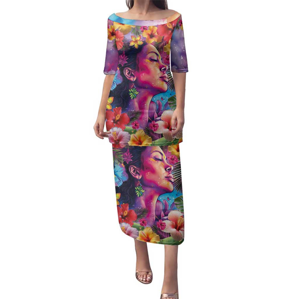 Polynesian Women Family Matching Puletasi and Hawaiian Shirt Tropical Plant - Vibrant Surreal Dreamscape Vibe LT03 Mom's Dress Pink-Purple - Polynesian Pride