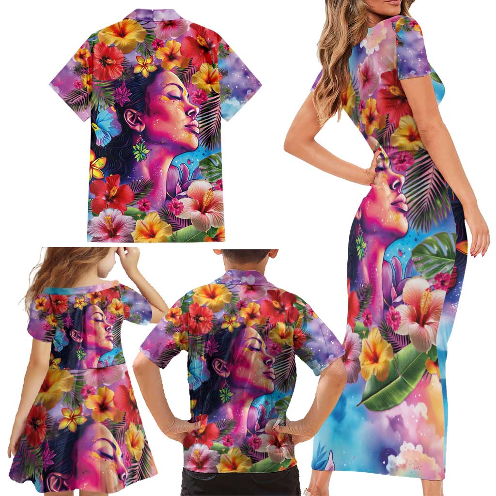 Polynesian Women Family Matching Short Sleeve Bodycon Dress and Hawaiian Shirt Tropical Plant - Vibrant Surreal Dreamscape Vibe LT03 - Polynesian Pride