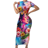 Polynesian Women Family Matching Short Sleeve Bodycon Dress and Hawaiian Shirt Tropical Plant - Vibrant Surreal Dreamscape Vibe LT03 Mom's Dress Pink-Purple - Polynesian Pride