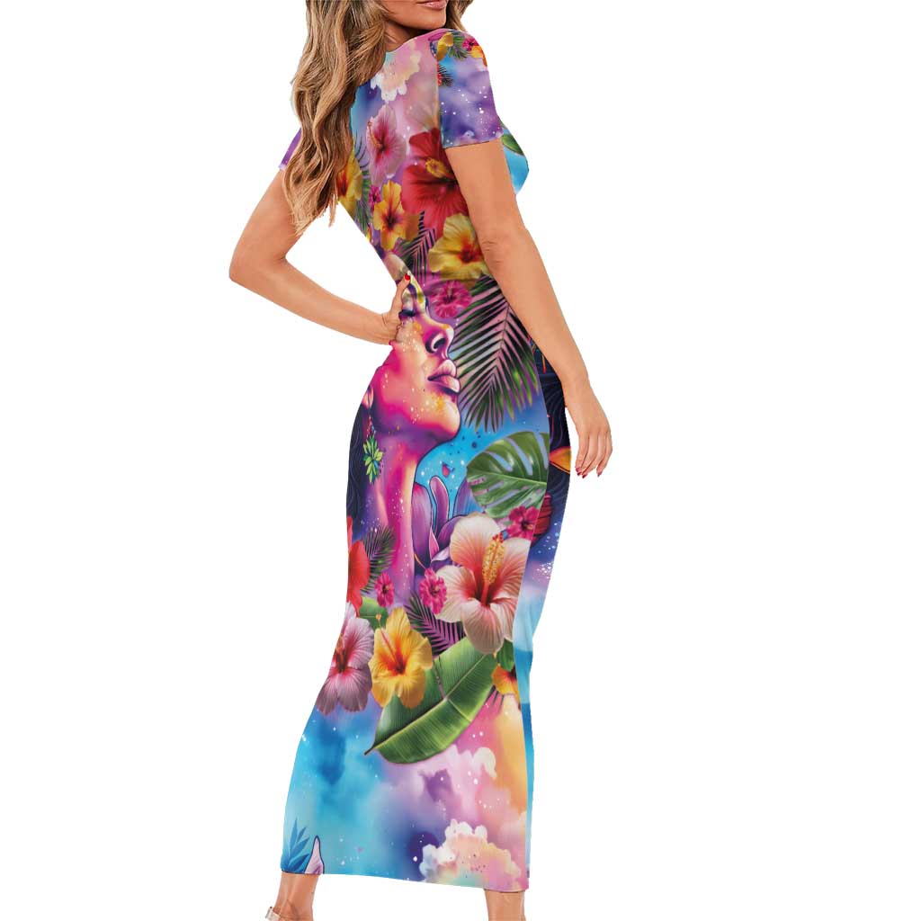 Polynesian Women Family Matching Short Sleeve Bodycon Dress and Hawaiian Shirt Tropical Plant - Vibrant Surreal Dreamscape Vibe LT03 - Polynesian Pride