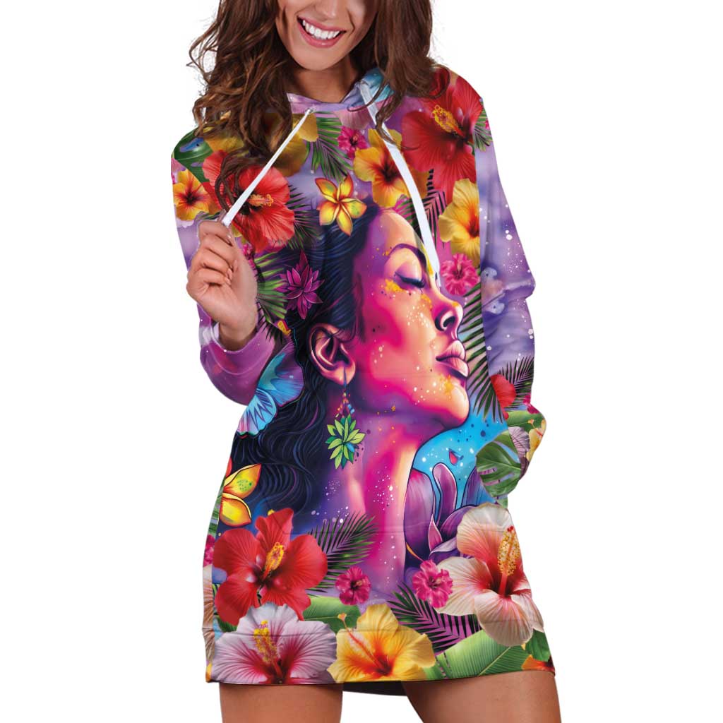 Polynesian Women Hoodie Dress Tropical Plant - Vibrant Surreal Dreamscape Vibe