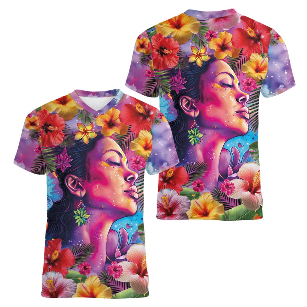 Polynesian Women Women V-Neck T-Shirt Tropical Plant - Vibrant Surreal Dreamscape Vibe