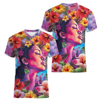 Polynesian Women Women V-Neck T-Shirt Tropical Plant - Vibrant Surreal Dreamscape Vibe