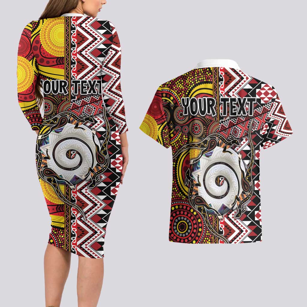 Personalised Aotearoa and Australia Together Couples Matching Long Sleeve Bodycon Dress and Hawaiian Shirt Koru and Kangaroo - Taniko with Aboriginal Motif LT03 - Polynesian Pride