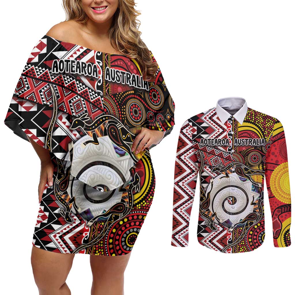 Personalised Aotearoa and Australia Together Couples Matching Off Shoulder Short Dress and Long Sleeve Button Shirt Koru and Kangaroo - Taniko with Aboriginal Motif LT03 Black - Polynesian Pride