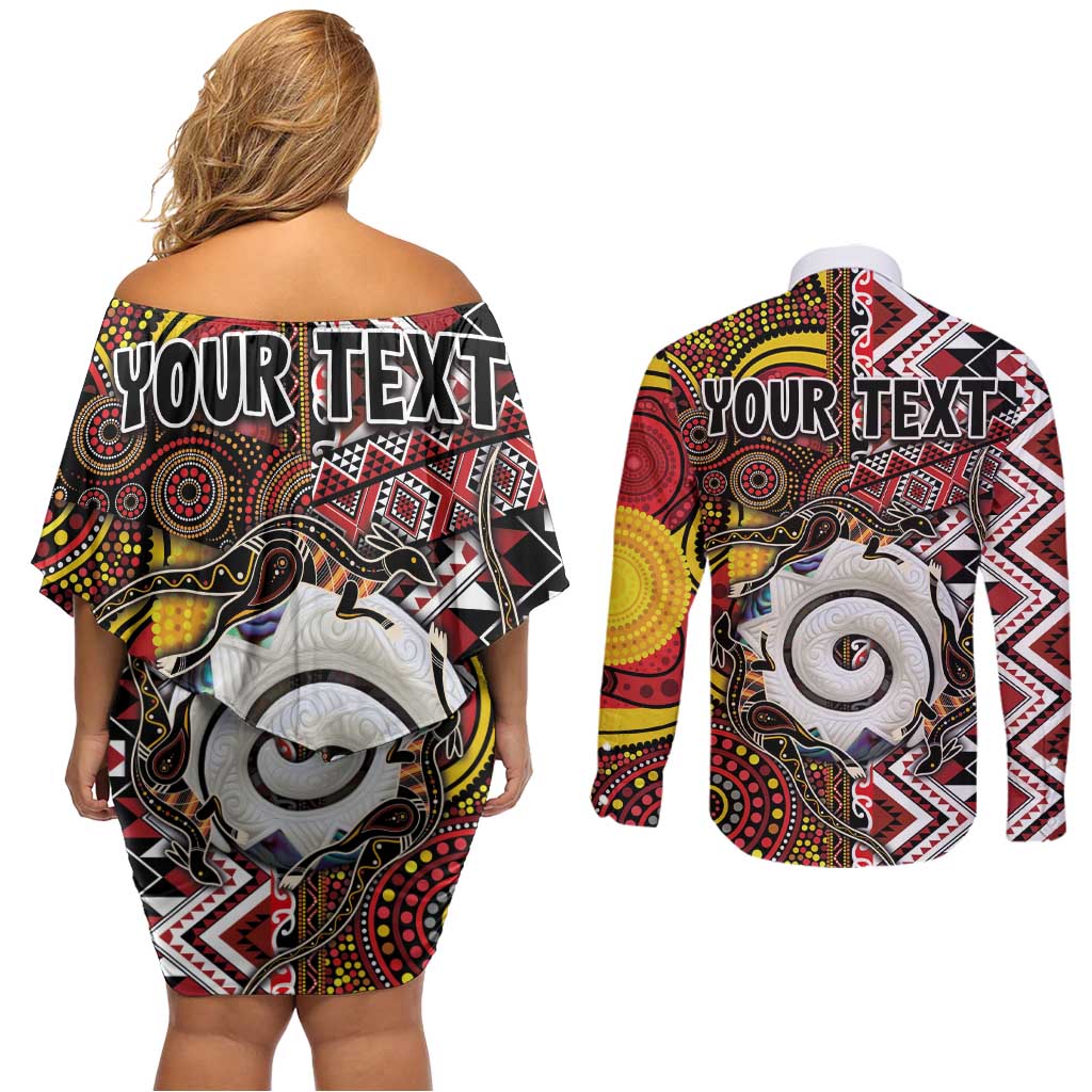 Personalised Aotearoa and Australia Together Couples Matching Off Shoulder Short Dress and Long Sleeve Button Shirt Koru and Kangaroo - Taniko with Aboriginal Motif LT03 - Polynesian Pride