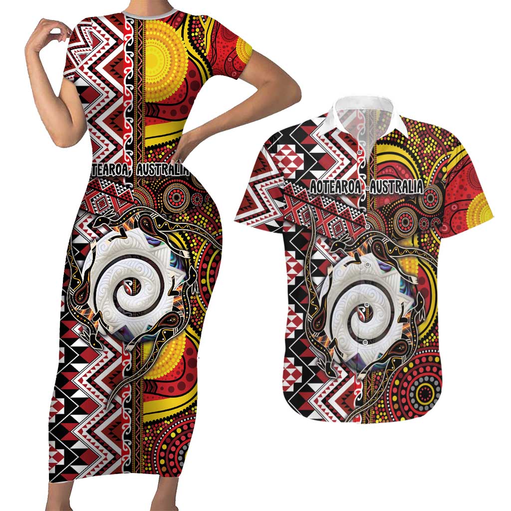 Personalised Aotearoa and Australia Together Couples Matching Short Sleeve Bodycon Dress and Hawaiian Shirt Koru and Kangaroo - Taniko with Aboriginal Motif LT03 Black - Polynesian Pride