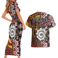 Personalised Aotearoa and Australia Together Couples Matching Short Sleeve Bodycon Dress and Hawaiian Shirt Koru and Kangaroo - Taniko with Aboriginal Motif LT03 - Polynesian Pride