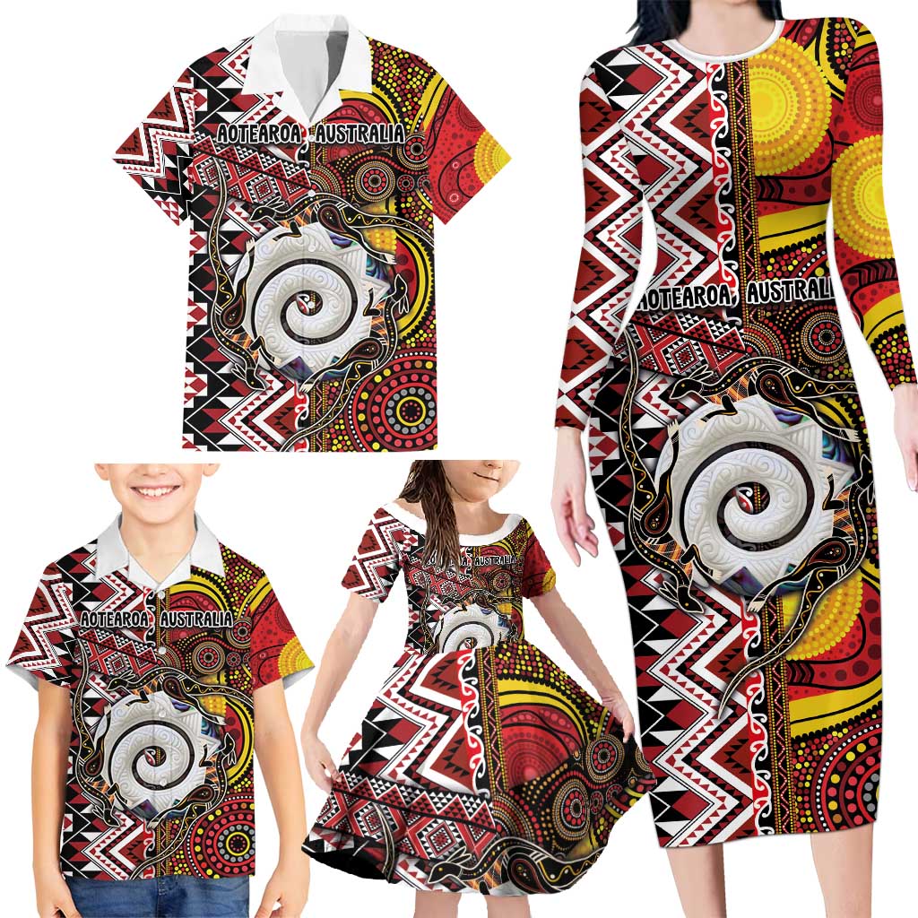 Personalised Aotearoa and Australia Together Family Matching Long Sleeve Bodycon Dress and Hawaiian Shirt Koru and Kangaroo - Taniko with Aboriginal Motif LT03 - Polynesian Pride