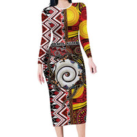 Personalised Aotearoa and Australia Together Family Matching Long Sleeve Bodycon Dress and Hawaiian Shirt Koru and Kangaroo - Taniko with Aboriginal Motif LT03 Mom's Dress Black - Polynesian Pride