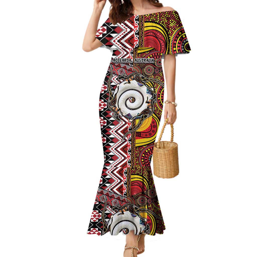 Personalised Aotearoa and Australia Together Family Matching Mermaid Dress and Hawaiian Shirt Koru and Kangaroo - Taniko with Aboriginal Motif LT03 Mom's Dress Black - Polynesian Pride