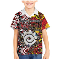 Personalised Aotearoa and Australia Together Family Matching Mermaid Dress and Hawaiian Shirt Koru and Kangaroo - Taniko with Aboriginal Motif LT03 Son's Shirt Black - Polynesian Pride