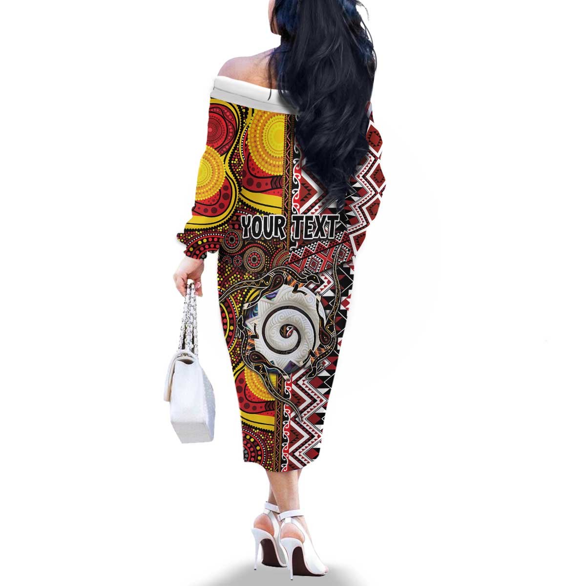 Personalised Aotearoa and Australia Together Family Matching Off The Shoulder Long Sleeve Dress and Hawaiian Shirt Koru and Kangaroo - Taniko with Aboriginal Motif LT03 - Polynesian Pride