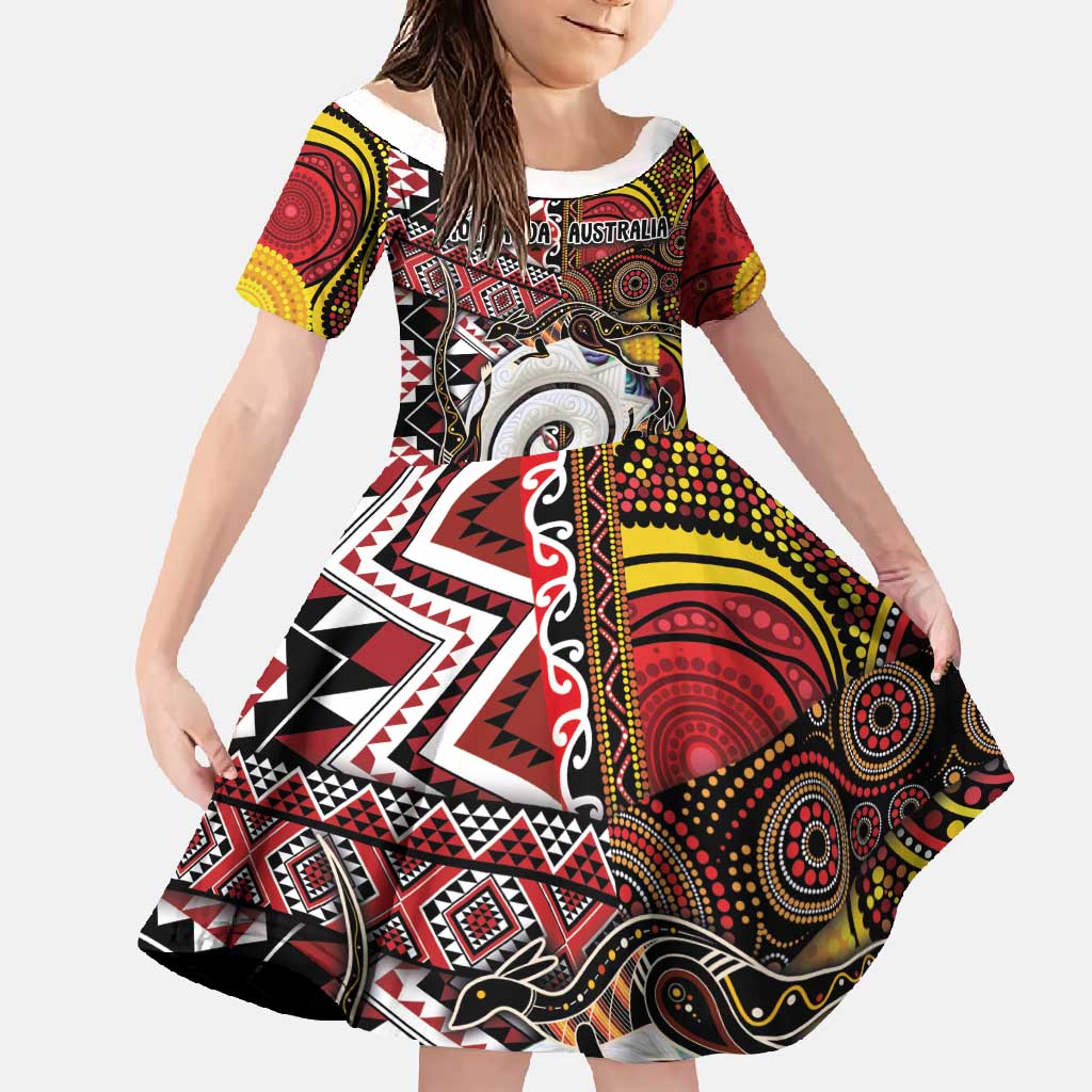 Personalised Aotearoa and Australia Together Family Matching Off Shoulder Maxi Dress and Hawaiian Shirt Koru and Kangaroo - Taniko with Aboriginal Motif LT03 Daughter's Dress Black - Polynesian Pride