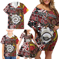 Personalised Aotearoa and Australia Together Family Matching Off Shoulder Short Dress and Hawaiian Shirt Koru and Kangaroo - Taniko with Aboriginal Motif LT03 - Polynesian Pride