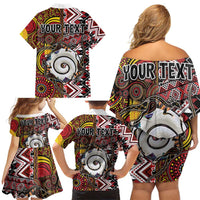 Personalised Aotearoa and Australia Together Family Matching Off Shoulder Short Dress and Hawaiian Shirt Koru and Kangaroo - Taniko with Aboriginal Motif LT03 - Polynesian Pride