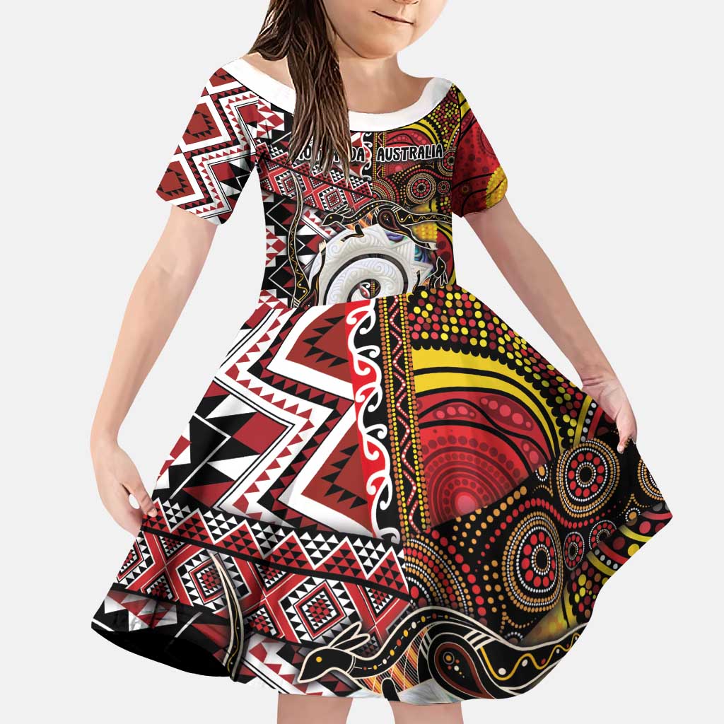 Personalised Aotearoa and Australia Together Family Matching Puletasi and Hawaiian Shirt Koru and Kangaroo - Taniko with Aboriginal Motif LT03 Daughter's Dress Black - Polynesian Pride