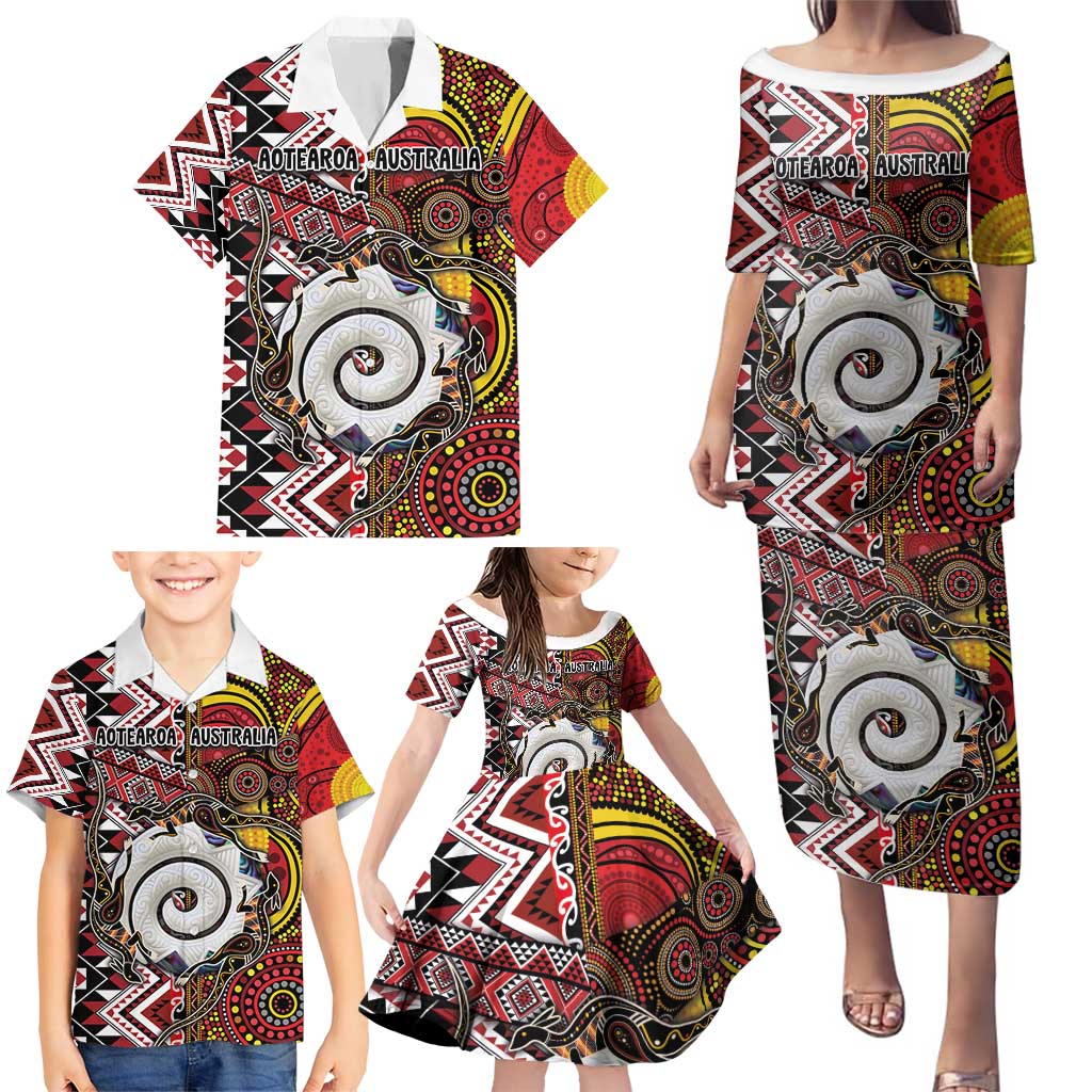 Personalised Aotearoa and Australia Together Family Matching Puletasi and Hawaiian Shirt Koru and Kangaroo - Taniko with Aboriginal Motif LT03 - Polynesian Pride